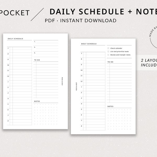 Tagesplan + Notizen DO1P | Pocket Printable Planner - Taschen-Tageseinsatz, Tagesplan, Stundenplan, Filofax-Tasche, Daily Time Blocking
