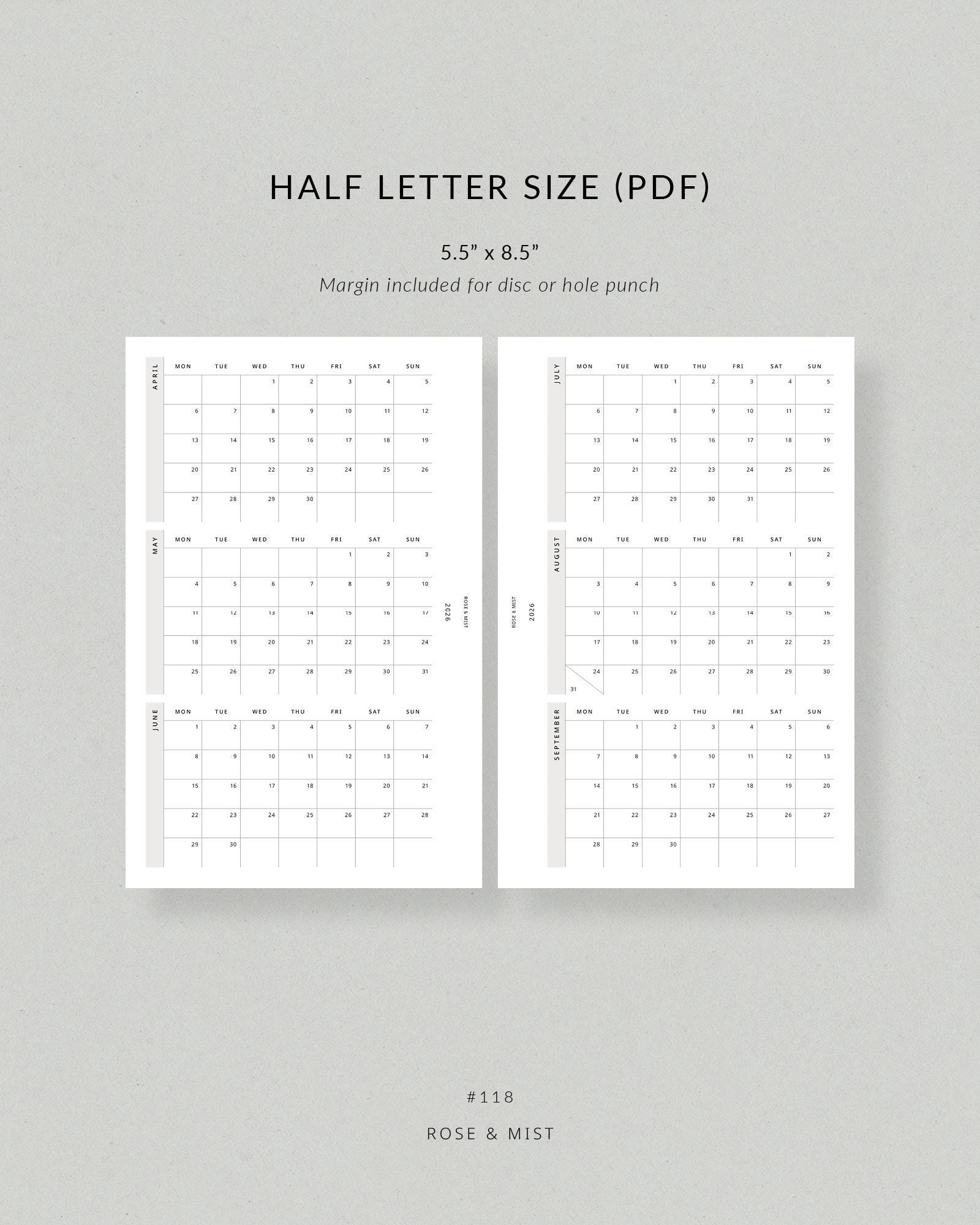 2026 Calendar, Half Letter Printable Planner - Dated 2026 Planner ...