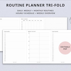 | tri-plis de référence du planificateur de routine Planificateur imprimable - Routine quotidienne, Routine hebdomadaire, Routine mensuelle, Horaire horaire, Feuille dépliante
