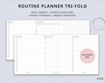 Routine Planner Reference Tri-fold | Planner Printable - Daily routine, Weekly routine, Monthly routine, Hourly schedule, Foldout sheet