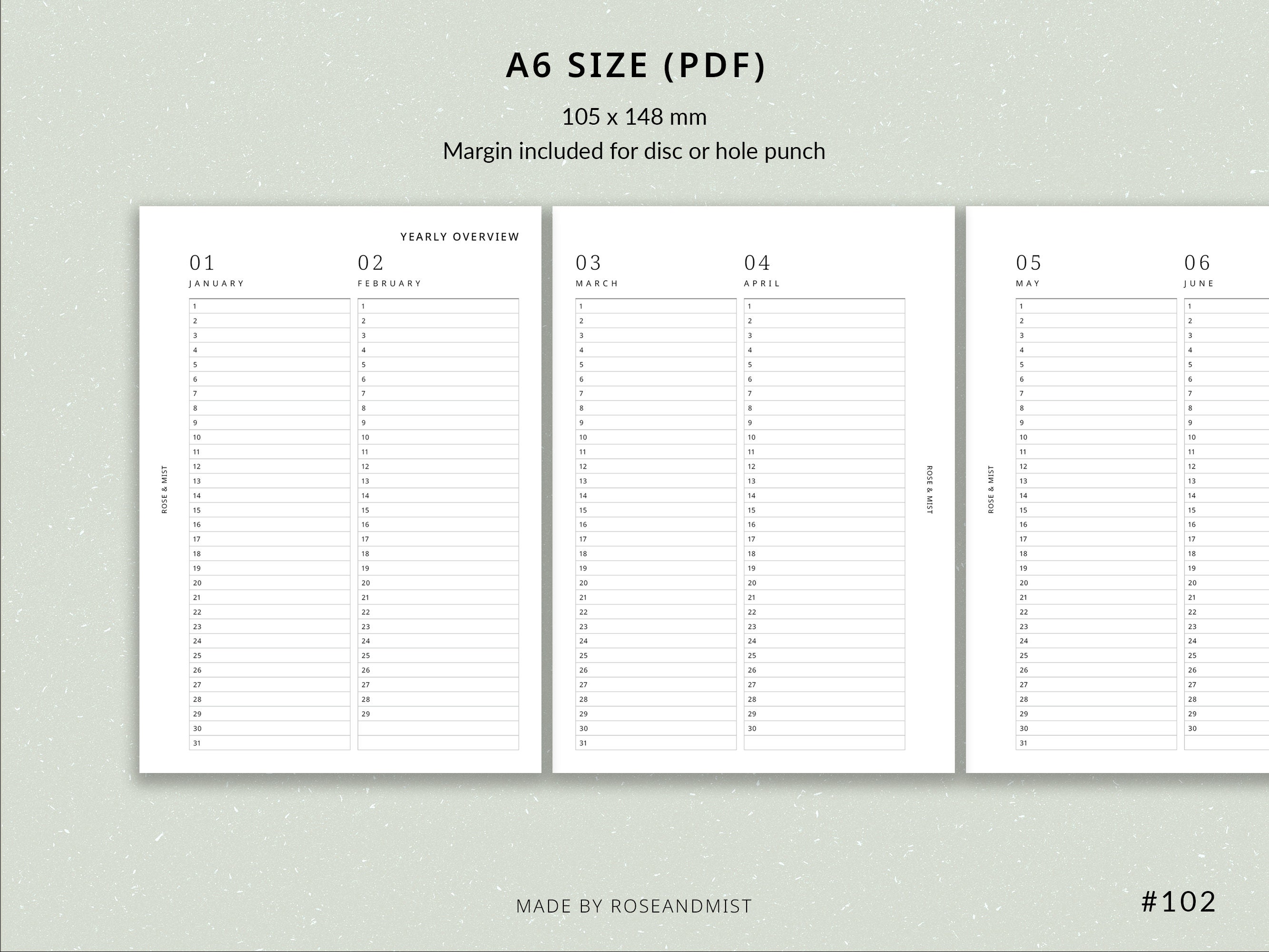 Minimal Yearly Planner Printable A6 Planner Perpetual Calendar, Year at ...
