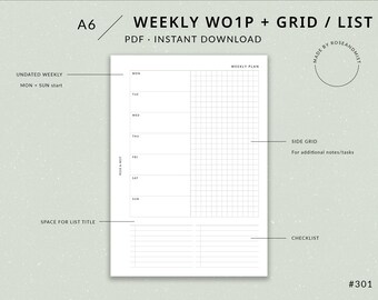 Undated Weekly Planner WO1P | A6 Printable Planner - A6 planner inserts, Weekly planner one page, Weekly spread, Side Grid, Checklist