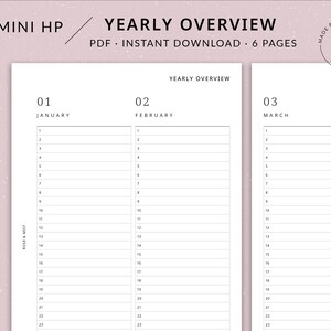 May include: A printable yearly overview planner with a simple design. The planner is divided into four pages, each with a month of the year. The months are January, February, March, and April. The planner is numbered 1 through 23 for each day of the month.
