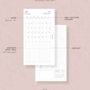 May include: A white PDF planner page with a monthly calendar for January 2026, checklist, and space for important dates. The text includes "Personal Size (PDF)", "Monthly Plan", and "Rose & Mist #104".