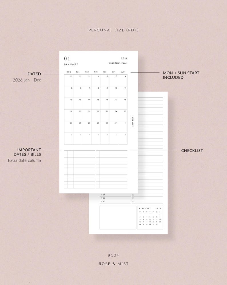 May include: A white PDF planner page with a monthly calendar for January 2026, checklist, and space for important dates. The text includes "Personal Size (PDF)", "Monthly Plan", and "Rose & Mist #104".