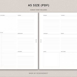 May include: A printable weekly planner in A5 size (PDF) with a Sunday start. The planner has sections for each day of the week, a to-do list, notes, and a next week section.