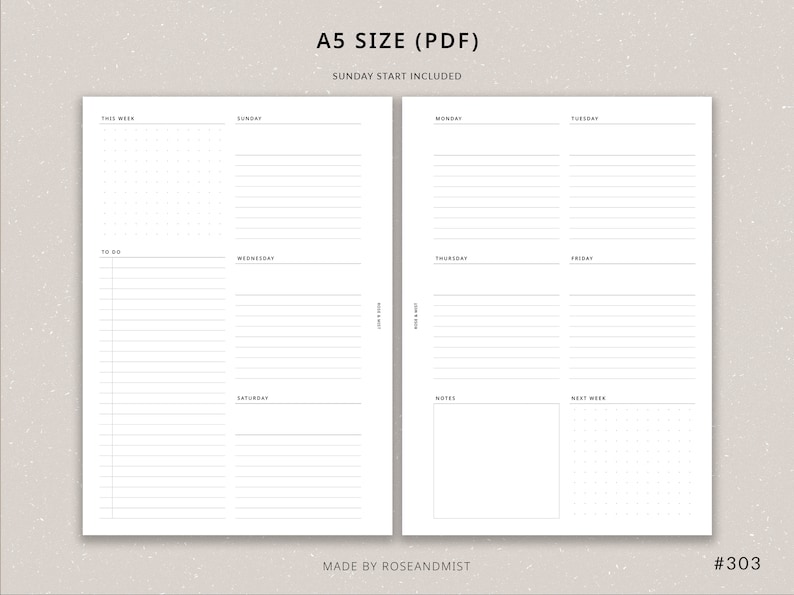 May include: A printable weekly planner in A5 size (PDF) with a Sunday start. The planner has sections for each day of the week, a to-do list, notes, and a next week section.