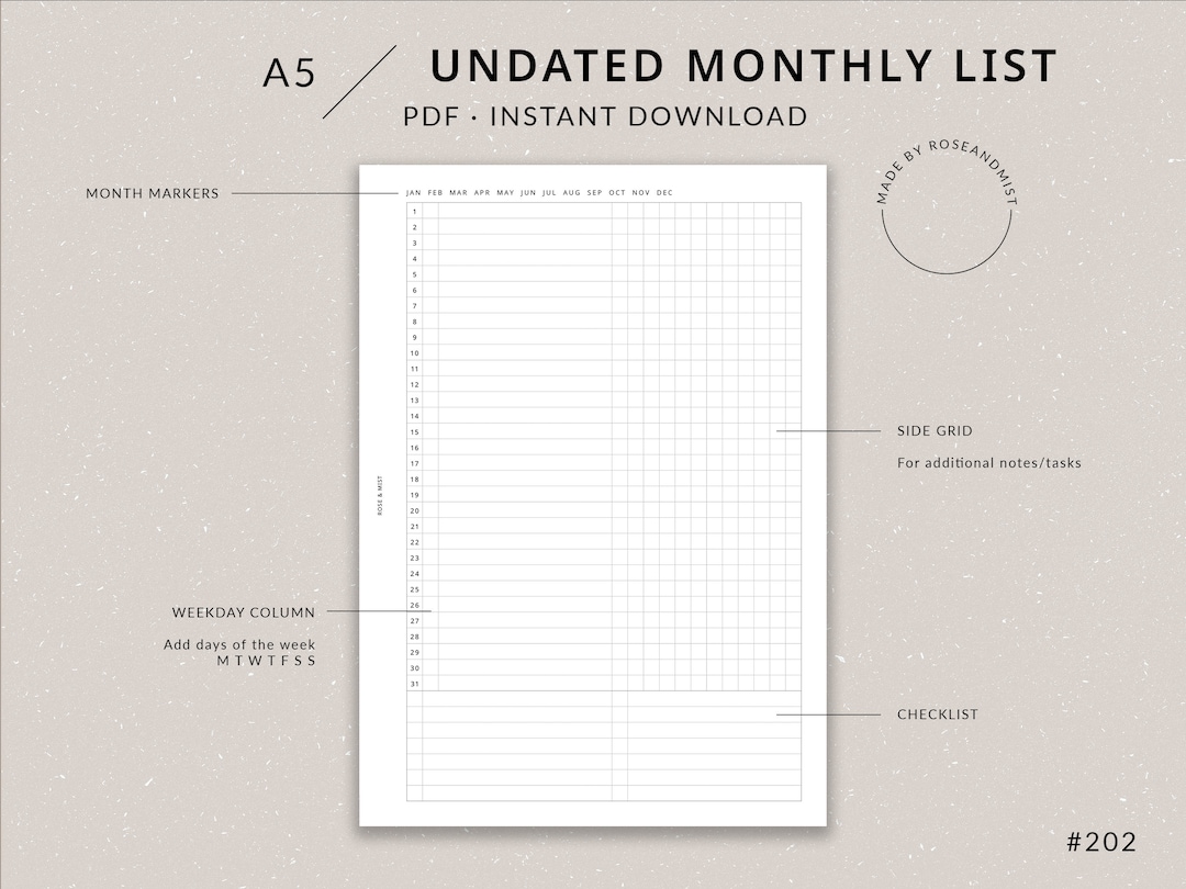 A5 Monthly Planner List MO1P Undated | A5 Planner Printable - Bullet ...