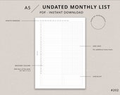 A5 Monthly Planner List MO1P Undated | A5 Planner Printable - Bullet Journal list, Monthly spread, A5 inserts, A5 planner inserts