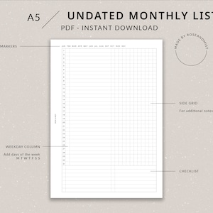 A5 Monthly Planner List MO1P Undated | A5 Planner Printable - Bullet Journal list, Monthly spread, A5 inserts, A5 planner inserts