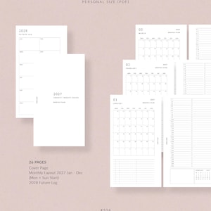 May include: A collection of white planner pages with a minimalist design. The pages include a 2028 future log, monthly layouts for 2027, and a cover page. Text includes "PERSONAL SIZE (PDF)" and "ROSE & MIST #104".