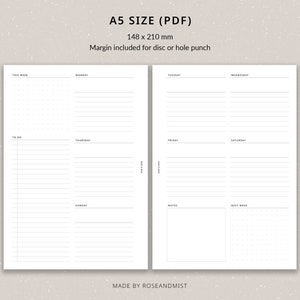 May include: A printable A5 weekly planner with a to-do list, daily sections for Monday through Sunday, a notes section, and a next week section. The planner is designed for use with a disc or hole punch.