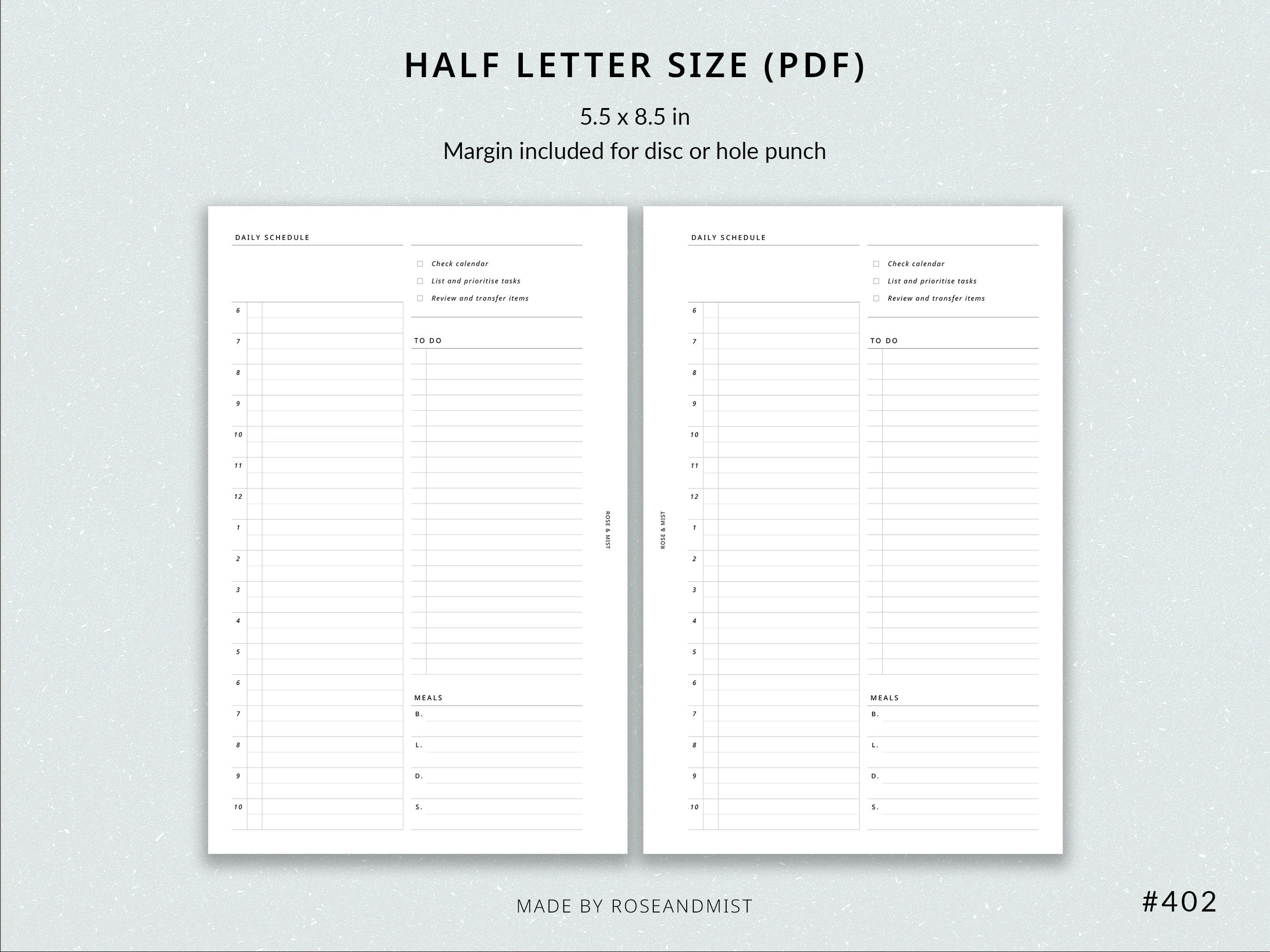 Daily Schedule + Meals DO1P | Half Letter Printable Planner - Hourly ...