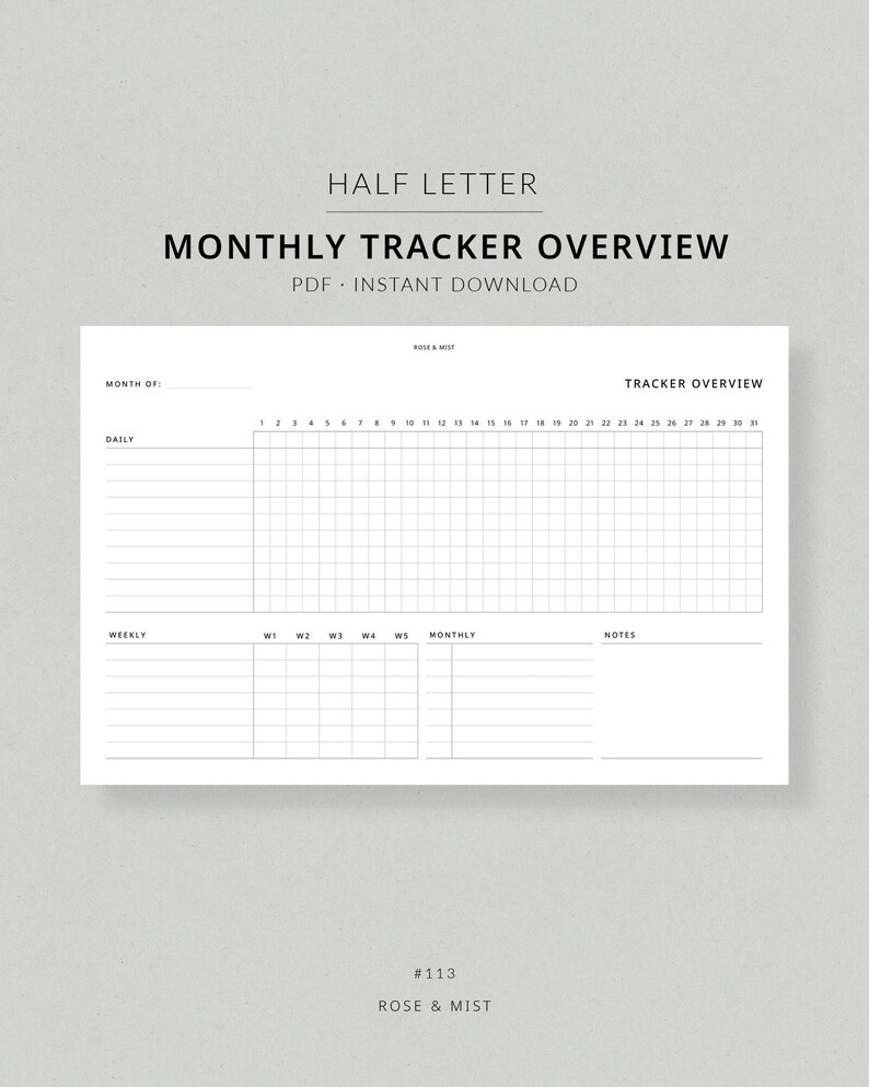 Monthly Tracker Overview | Half Letter Planner Printable - Daily Weekly ...