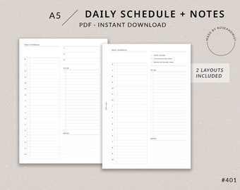 May include: Two printable A5 daily schedule and notes pages. The left page has a time column from 6 am to 10 pm and a to-do list column. The right page has a time column from 6 am to 10 pm and a notes section with a grid.