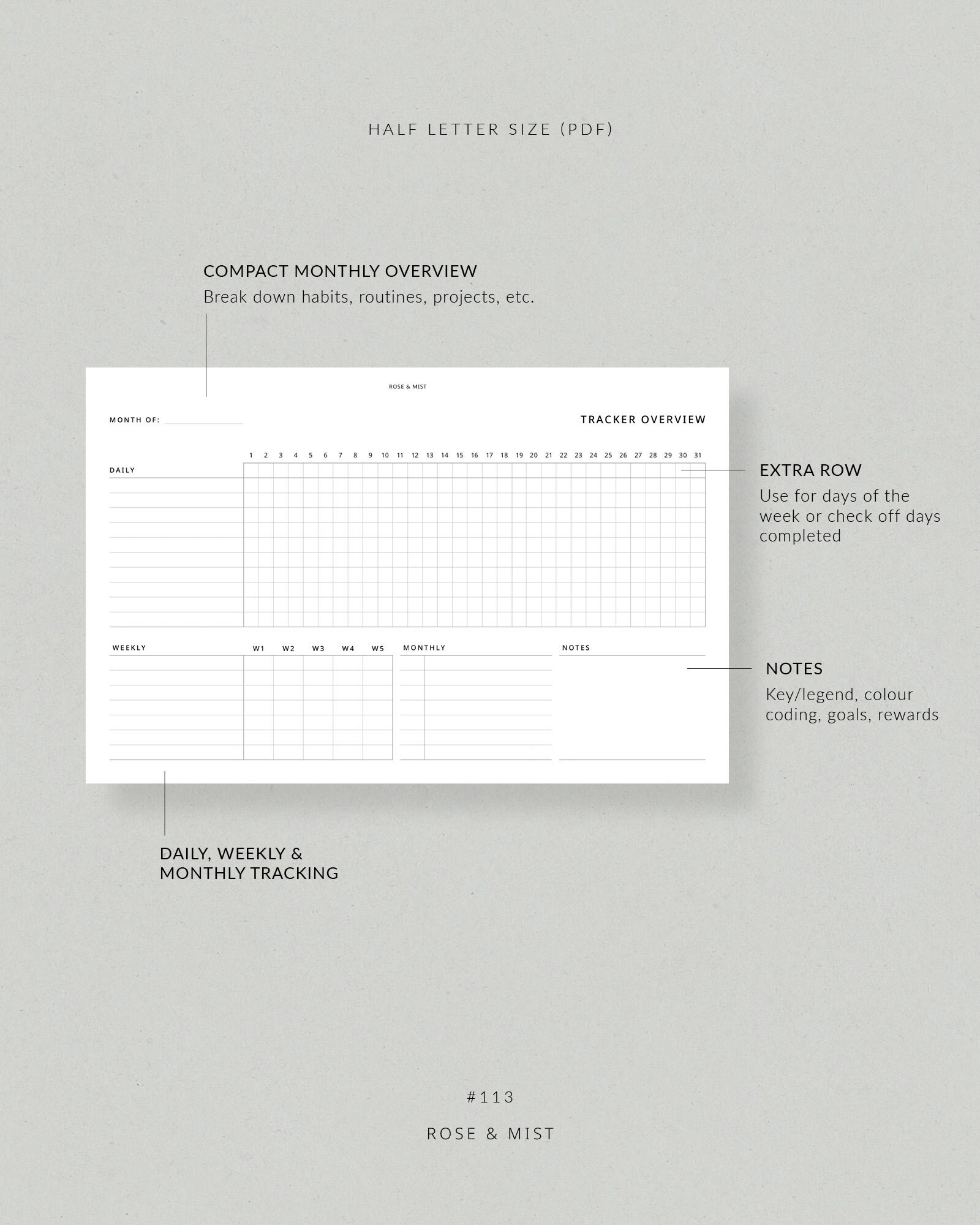 Monthly Tracker Overview | Half Letter Planner Printable - Daily Weekly ...