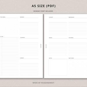May include: A printable weekly planner in A5 size (PDF format) with a Monday start. The planner has sections for each day of the week, a to-do list, notes, and a next week section.