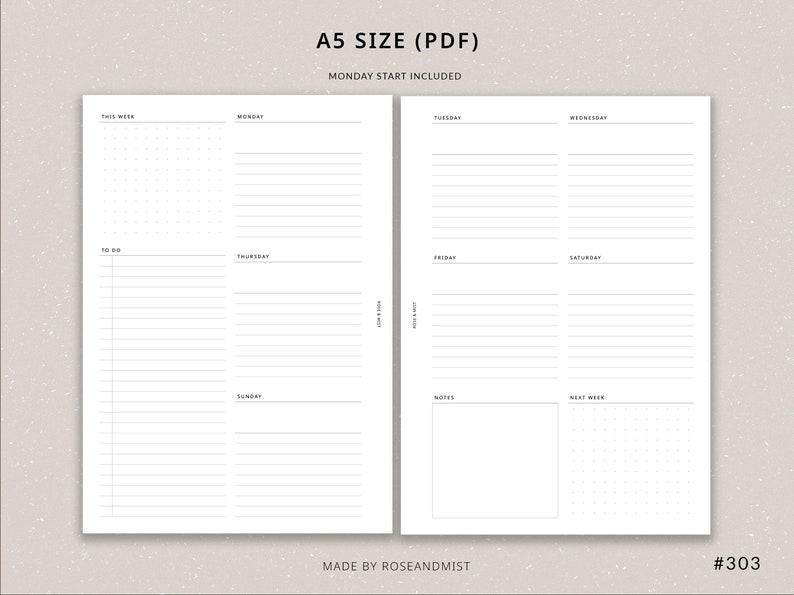 May include: A printable weekly planner in A5 size (PDF format) with a Monday start. The planner has sections for each day of the week, a to-do list, notes, and a next week section.