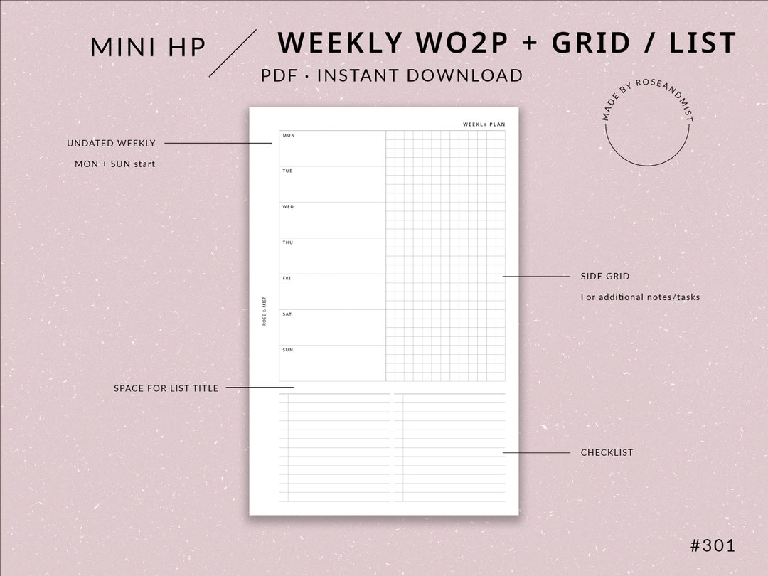 Undated Weekly Planner WO1P | Mini HP Printable Planner - Weekly Agenda ...