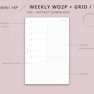Könnte beinhalten: Druckbarer Wochenplaner mit Gitter, Checkliste und Platz für einen Listen-Titel. Der Planer ist undatiert und beginnt am Montag und endet am Sonntag. Der Planer ist mit "Weekly WO2P + Grid / List" und "PDF - Sofort-Download" beschriftet.