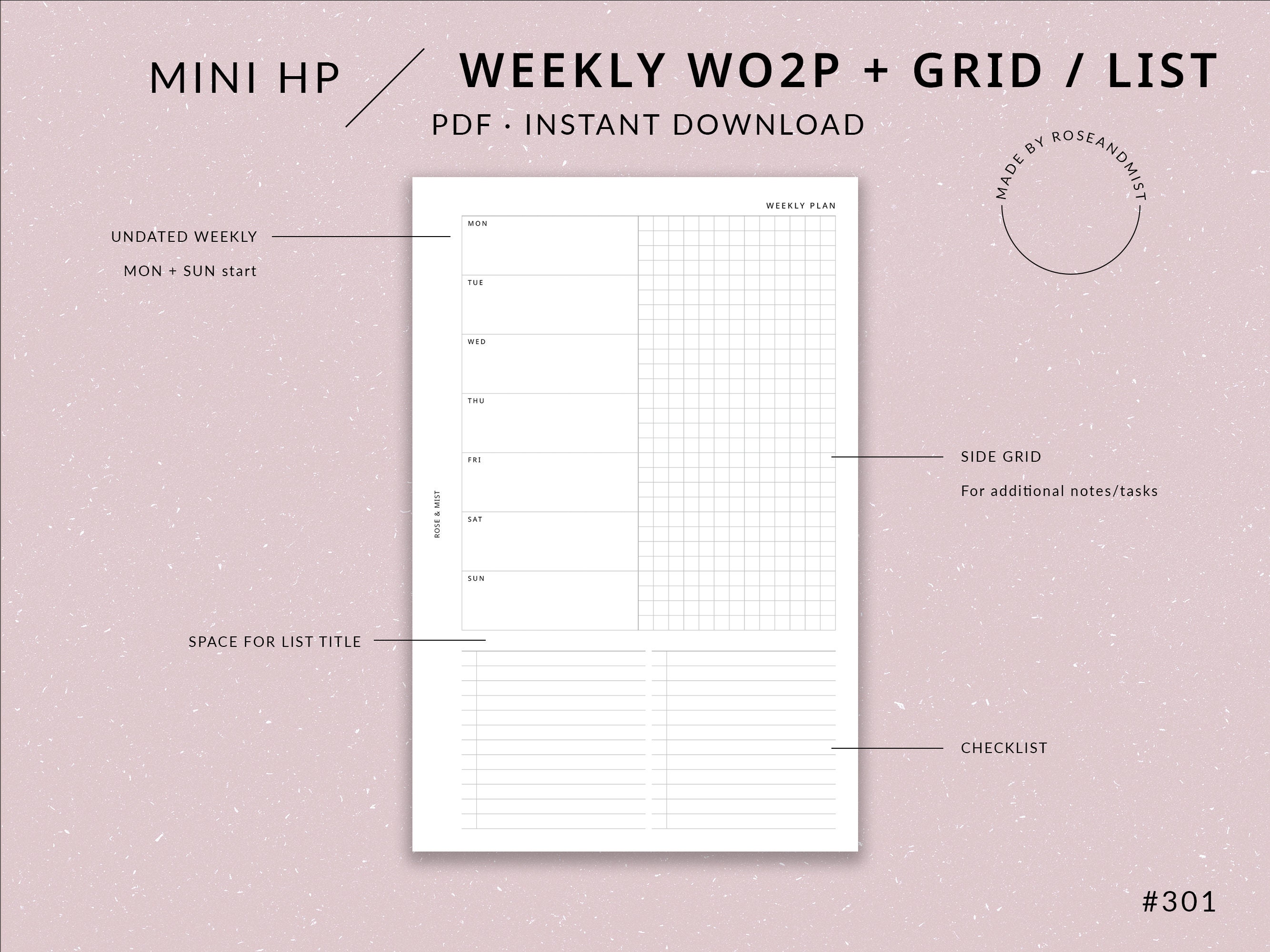 Undated Weekly Planner WO1P | Mini HP Printable Planner - Weekly Agenda ...