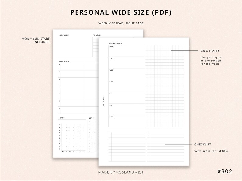 Weekly Planner + Meal Planner WO2P | Personal Wide Printable Planner ...
