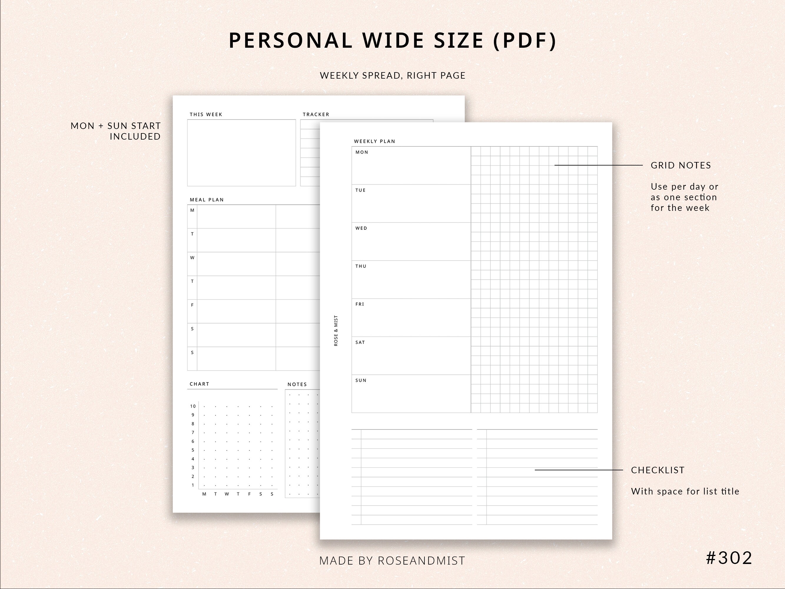 Weekly Planner + Meal Planner WO2P | Personal Wide Printable Planner ...