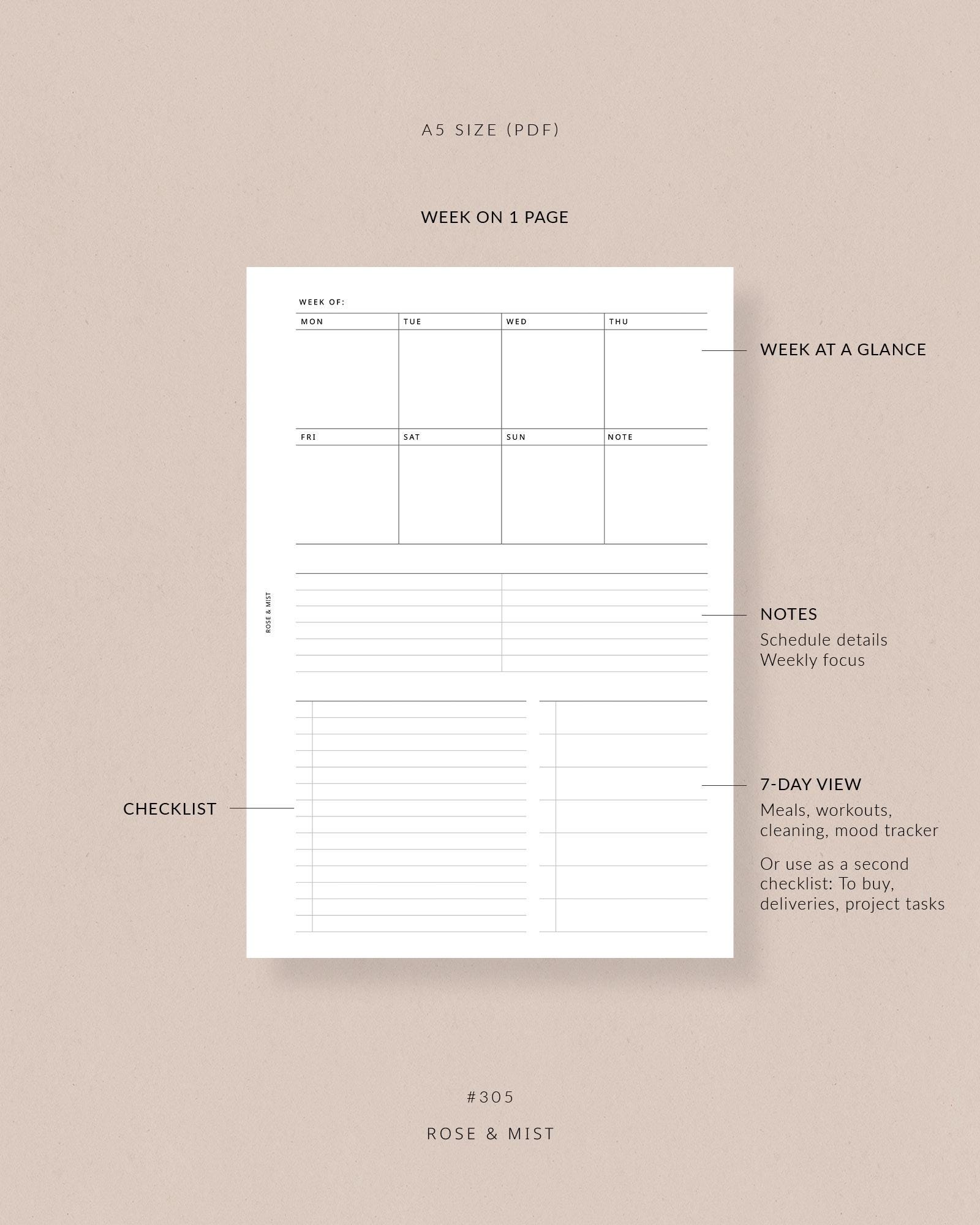 Weekly Overview WO1P A5 Printable Planner #305 - A5 Weekly Planner ...