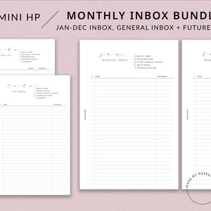 May include: A printable monthly inbox bundle for organizing tasks and projects. The bundle includes a future list, a general inbox, and monthly inbox pages for January, February, and December.