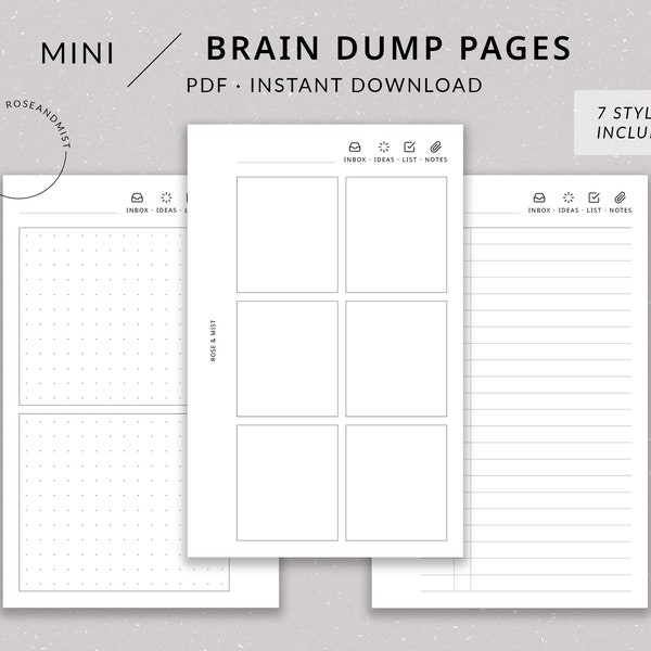 Brain Dump Pages | Filofax Mini Printable Planner - Inbox, Ideas, Notes, Checklist printable, Mini inserts, Brain dump list boxes