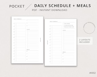 Daily Schedule + Meals DO1P | Pocket Printable Planner - Pocket daily insert, Meal plan, Hourly agenda, Filofax pocket, Daily time blocking