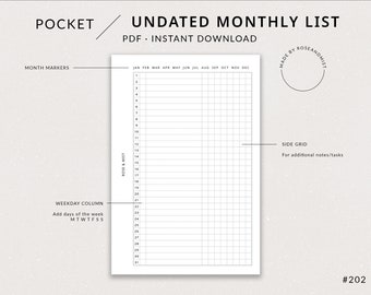 Pocket Maandelijkse Planner Lijst MO1P Ongedateerd | Pocket afdrukbare planner - Bullet Journal-lijst, maandelijkse spread, zakinzetstuk, Filofax-zak