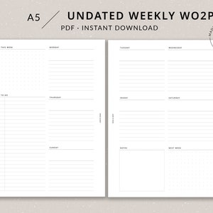 Weekly Planner WO2P | A5 Planner Printable - Weekly spread, Undated planner, A5 planner inserts, A5 binder printable, Checklist, Weekly plan