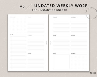 Weekly Planner WO2P | A5 Planner Printable - Weekly spread, Undated planner, A5 planner inserts, A5 binder printable, Checklist, Weekly plan