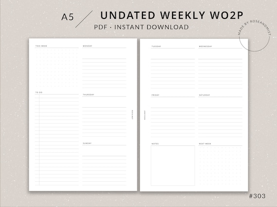 Weekly Planner WO2P A5 Planner Printable Weekly Spread - Etsy