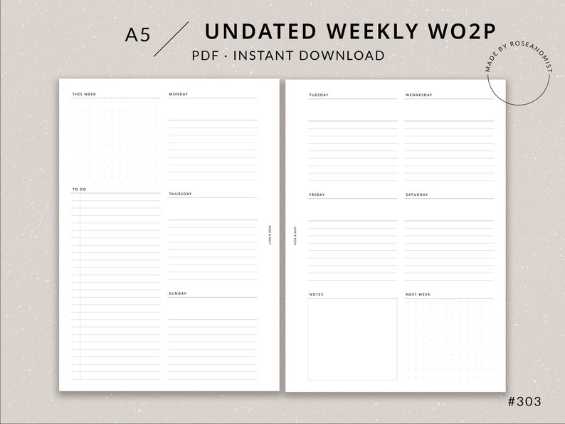 May include: A black and white printable A5 weekly planner with a dotted grid for notes and a section for to-do lists. The planner is undated and has sections for each day of the week, including Monday, Tuesday, Wednesday, Thursday, Friday, Saturday, and Sunday. The planner also includes a section for notes and a section for next week.