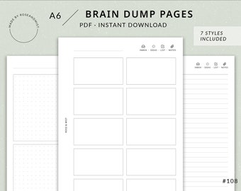 Brain Dump Pages | A6 Printable Planner - Inbox, Checklist, Ideas, Notes, A6 inserts, A6 planner, Brain dump boxes printable