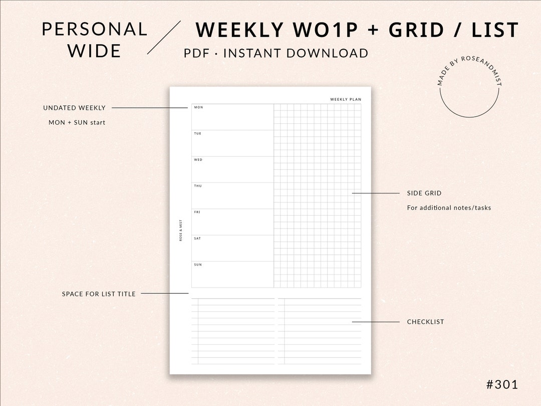 Undated Weekly Planner WO1P | Personal Wide Printable Planner - Weekly ...