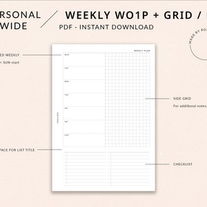 Undated Weekly Planner WO1P | Personal Wide Printable Planner - Weekly agenda, Side Grid, To do list, Personal Wide inserts