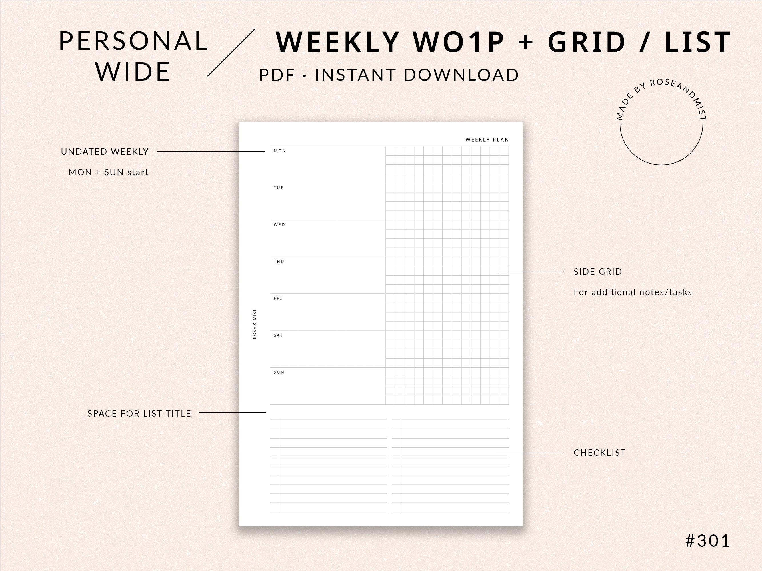 Undated Weekly Planner WO1P | Personal Wide Printable Planner - Weekly ...
