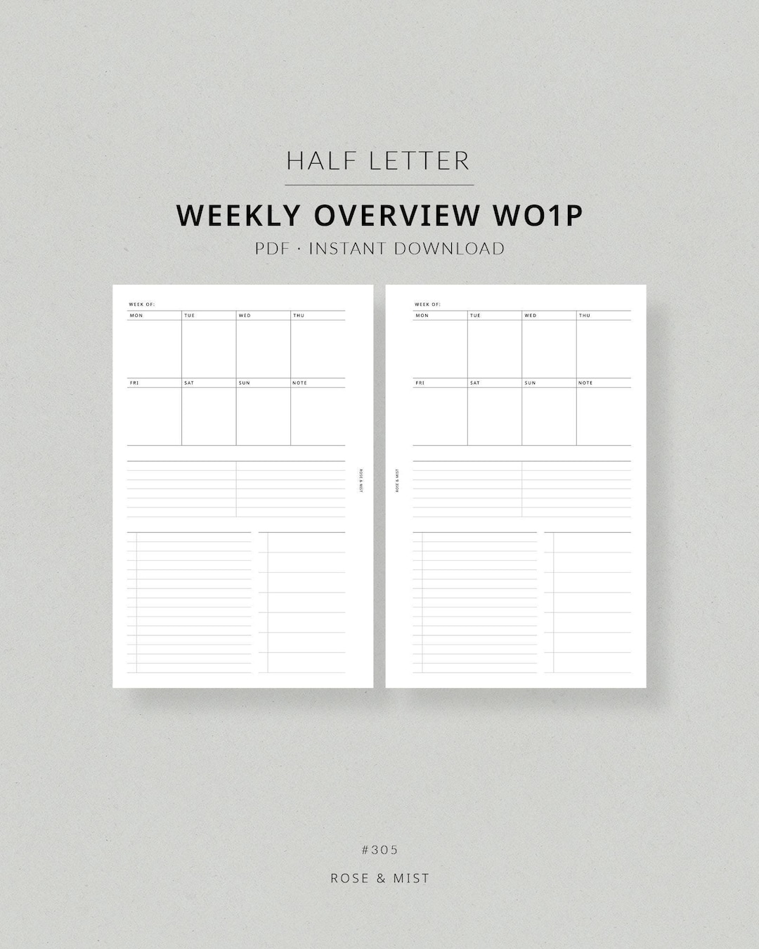 Weekly Overview WO1P #305 | Half Letter Printable Planner Half Letter ...