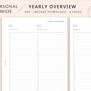 May include: A printable PDF planner with a yearly overview for January through April. The planner is designed in a simple, minimalist style with a white background and black text. The planner is labeled "Personal Wide" and "Yearly Overview".