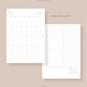 May include: A5 size PDF planner pages with a minimalist design. The January 2026 monthly plan is displayed, with a Sunday start. The second page features a daily plan layout. The text "SUNDAY START INCLUDED" is visible. The bottom of the image shows "#104 ROSE & MIST".