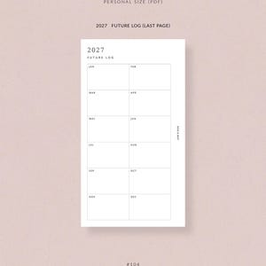May include: A white planner page with a future log for the year 2027. The page is divided into monthly sections, with the text "2027 FUTURE LOG (LAST PAGE)" at the top. The planner is labeled "PERSONAL SIZE (PDF)" and includes the Rose & Mist logo.