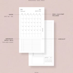 2027 monthly planner printable MO2P | Filofax Personal size planner inserts printable monthly planner, month at a glance planner printable image 4