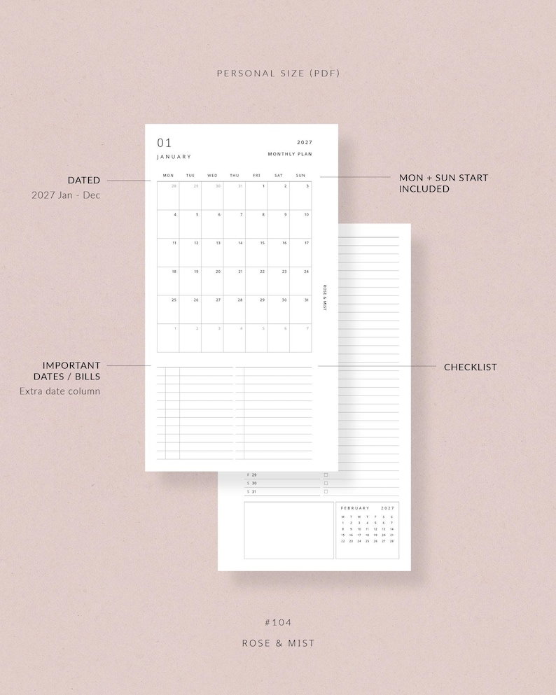 2027 monthly planner printable MO2P | Filofax Personal size planner inserts printable monthly planner, month at a glance planner printable image 4