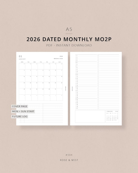 A5 2026 Monthly Planner Printable MO2P | A5 monthly planner inserts, monthly overview printable planner, monthly at a glance planner