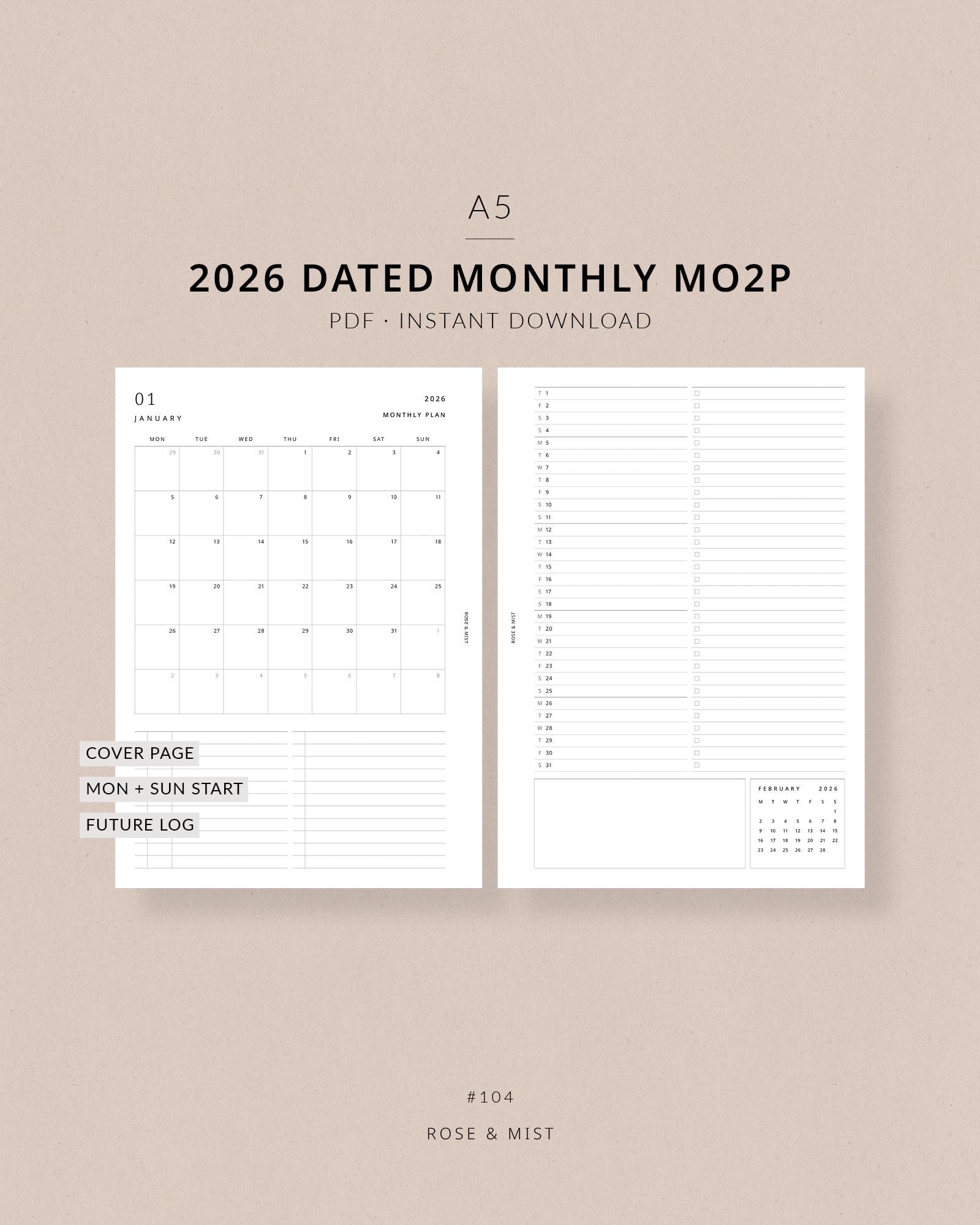 A5 2026 Monthly Planner Printable MO2P | A5 Monthly Planner Inserts ...