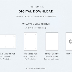 May include: A digital download for printable planner pages. The image shows four thumbnails: a spread layout PDF with crop marks for A4/Letter paper, a true size PDF with crop marks for A4/Letter paper, a true size PDF with no crop marks for pre-cut paper, and a print guide.