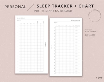 May include: A white sleep tracker chart with a grid layout for tracking sleep patterns. The text "SLEEP TRACKER + CHART" and "PDF • INSTANT DOWNLOAD" are displayed at the top. The words "PERSONAL" and "SLEEP CHART" are also visible.